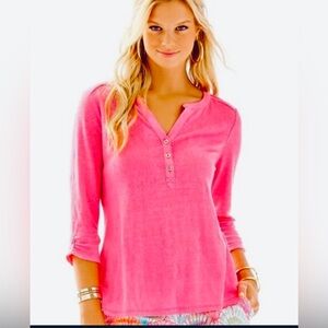 Lilly Pulitzer Pink Long Sleeve Henley Tee Women Medium Preppy Coastal Casual